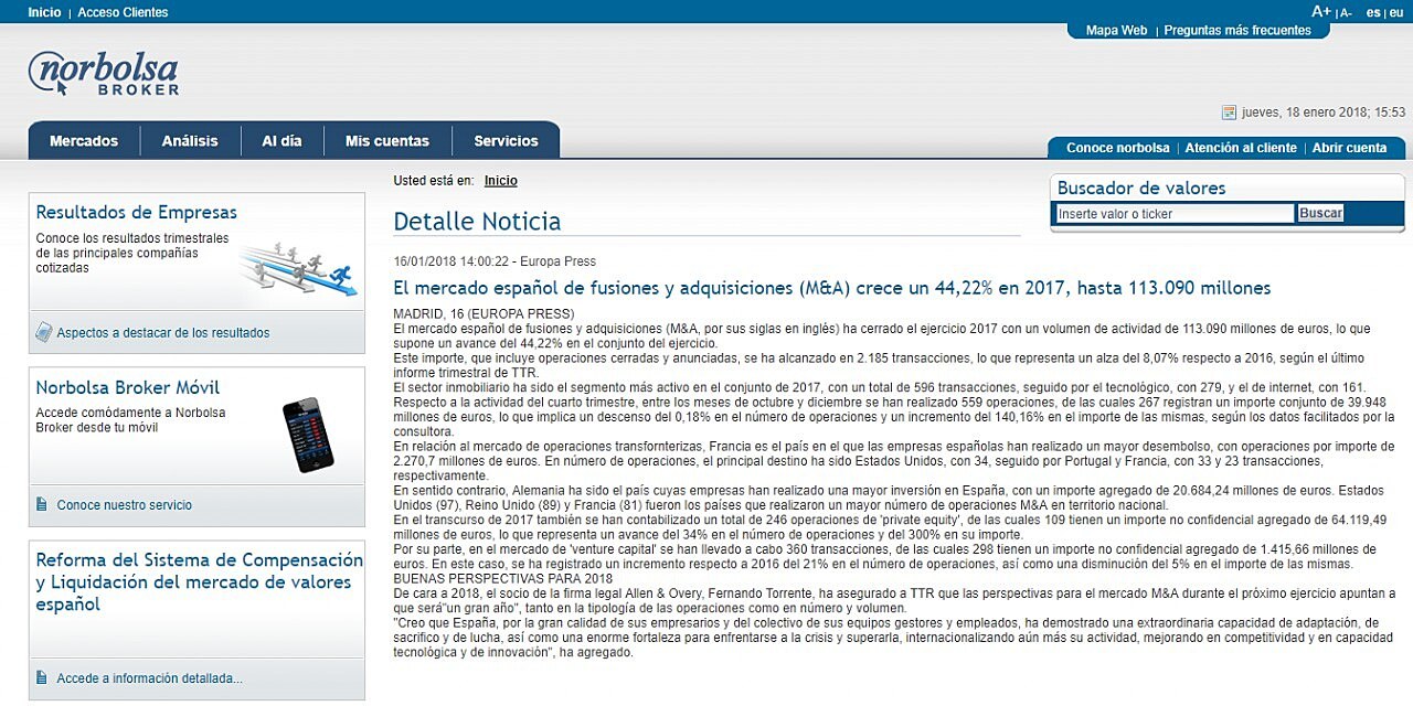 El mercado espaol de fusiones y adquisiciones (M&A) crece un 44,22% en 2017, hasta 113.090 millones